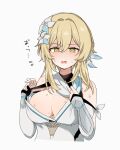  1girl @_@ bare_shoulders blonde_hair breasts bridal_gauntlets cleavage dress flower genshin_impact gloves highres hot kuromu_shado large_breasts lumine_(genshin_impact) medium_hair open_mouth partially_fingerless_gloves solo sweat white_background white_dress white_flower 