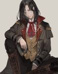  1boy ascot black_capelet black_hair black_jacket black_pants boots brown_vest buttons capelet cross-laced_footwear feet_out_of_frame head_tilt highres jacket karanashi_noma knee_up lace-up_boots long_sleeves looking_at_viewer male_focus mandarin_collar medium_hair nijisanji open_clothes open_jacket orange_eyes pants parted_bangs red_ascot shellin_burgundy shirt simple_background sitting smile solo vest virtual_youtuber white_shirt yellow_background 