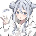  1girl :o alternate_hairstyle blue_eyes blue_hoodie blush commentary_request double_bun grey_hair hair_between_eyes hair_bun highres hood hoodie long_hair long_sleeves looking_at_viewer niaa open_mouth project_sekai puffy_sleeves sidelocks simple_background solo translation_request upper_body w white_background yoisaki_kanade 