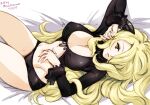  1girl alternate_eye_color artist_name bed_sheet black_panties black_shirt blonde_hair breasts cynthia_(pokemon) dated english_commentary fur_collar fur_cuffs hair_ornament hair_over_one_eye large_breasts long_hair long_sleeves looking_at_viewer lying mina_cream navel on_back panties parted_lips pokemon pokemon_(game) pokemon_dppt shirt solo stomach thighs tight tight_shirt underwear very_long_hair wavy_hair yellow_eyes 