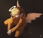  1boy angel angel_wings animification artist_name bandaid bandaid_on_cheek bandaid_on_face blonde_hair blue_eyes boots fingernails halo hood hoodie kenny_mccormick kibsart long_sleeves male_focus orange_hoodie orange_pants pants solo south_park wings 