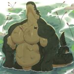  absurd_res anthro big_pecs crocodilian eyes_closed featureless_crotch green_body green_scales hi_res male musclegut muscular muscular_anthro muscular_male nelsontheshark nipples nude partially_submerged pecs reptile scales scalie scar sharp_teeth slightly_chubby smile solo standing_in_water teeth 