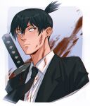  1boy absurdres artist_name black_hair black_jacket black_necktie blood blood_on_clothes blood_on_face blue_eyes chainsaw_man chalseu commentary earrings english_commentary formal frown hair_between_eyes hayakawa_aki highres jacket jewelry katana male_focus necktie portrait signature solo stud_earrings suit sword sword_on_back topknot weapon weapon_on_back 