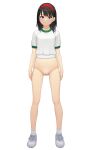  1girl arms_at_sides black_eyes black_hair blush bottomless cameltoe frown full_body gym_uniform hairband highres looking_at_viewer maburu_(lojyq1eur3e8bit) original pussy red_hairband shirt shoes simple_background sneakers socks solo standing uncensored white_background white_footwear white_shirt white_socks 