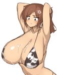  1girl absurdres anger_vein animal_print arms_behind_back arms_up bikini breasts brown_eyes brown_hair cleavage closed_mouth commentary_request cow_print highres huge_breasts maki_(makino_momiji) makino_momiji_(artist) navel original short_hair simple_background solo suggestive_fluid swimsuit upper_body white_background 