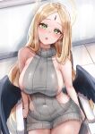  1girl absurdres alternate_costume ayumu_(blue_archive) black_wings blonde_hair blue_archive blush breasts collarbone covered_navel facial_mark feathered_wings fluffyebi01 grey_sweater halo head_tilt highres large_breasts looking_at_viewer meme_attire on_chair parted_bangs sideboob sideless_outfit sitting solo sweater twitter_username virgin_killer_sweater wings 