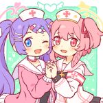  2girls :d ;d armband black_shirt blue_archive blue_eyes blush character_name commentary_request dress green_background hair_ornament hair_ribbon hairclip halo hanae_(blue_archive) hat holding_hands interlocked_fingers jacket long_hair long_sleeves multiple_girls nurse nurse_cap one_eye_closed one_side_up onyhakase open_clothes open_jacket open_mouth pill_hair_ornament pink_eyes pink_hair pink_halo pink_jacket puffy_long_sleeves puffy_sleeves purple_hair red_ribbon ribbon sailor_collar serina_(blue_archive) shirt short_hair sidelocks smile twintails two-tone_background very_long_hair white_background white_dress white_headwear white_sailor_collar yellow_halo 