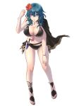  0701mono 1girl bare_legs belt bikini black_belt black_bikini black_cape blue_eyes blue_hair breasts byleth_(female)_(fire_emblem) byleth_(fire_emblem) cape commentary_request dagger fire_emblem fire_emblem:_three_houses fire_emblem_heroes flower full_body hair_between_eyes hair_flower hair_ornament hand_up hibiscus highres knife large_breasts long_hair looking_at_viewer navel official_alternate_costume red_flower sandals simple_background single_bare_shoulder solo stomach swimsuit thighs weapon white_background 