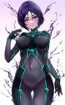  1girl ass_visible_through_thighs black_bodysuit black_hair blush bodysuit breasts cowboy_shot eyeshadow fate/samurai_remnant fate_(series) highres large_breasts looking_at_viewer makeup minamoto_no_raikou_(fate) purple_eyes rider_(fate/samurai_remnant) short_eyebrows short_hair skin_tight solo spoilers standing taka-kun 