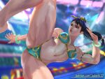  1girl arena bangle bare_legs bikini blue_hair blue_nails blurry blurry_background bracelet breasts chun-li cleavage earrings eyelashes fingernails floating_hair hair_bun hair_ornament hairpin high_kick jewelry judash137 kicking leg_lift lights lips medium_breasts midair muscular muscular_female navel parted_lips patreon_username ponytail stage stage_lights stomach street_fighter street_fighter_v sweat swimsuit 