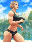  1girl abs black_panties black_sports_bra blonde_hair blue_eyes breasts highres infi large_breasts muscular muscular_female open_mouth panties pointy_ears princess_zelda short_hair sketch solo sports_bra the_legend_of_zelda thighs triforce_print underwear 