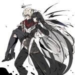  1boy 1girl absurdly_long_hair arknights ascot black_coat black_footwear black_garter_straps black_gloves black_hair black_halo black_pants black_skirt black_sleeves black_thighhighs black_wings bleeding bleeding_from_forehead blood blood_on_clothes blood_on_face blood_on_hands blue_eyes blunt_bangs broken_halo cargo_pants carrying carrying_person cloak closed_eyes closed_mouth coat collared_coat collared_jacket colored_inner_hair commentary_request cousins dark_halo detached_wings doctahmem dot_nose energy_wings executor_(arknights) executor_the_ex_foedere_(arknights) facing_ahead feet_out_of_frame fingerless_gloves floating_hair from_side full_body garter_straps gloves grey_ascot grey_hair hair_between_eyes halo hand_on_another&#039;s_leg hand_on_another&#039;s_shoulder hand_on_another&#039;s_thigh high_collar high_heels highres hime_cut injury jacket korean_commentary layered_sleeves long_hair long_sleeves looking_afar looking_ahead mechanical_halo mechanical_wings messy_hair miniskirt multicolored_cloak multicolored_hair official_alternate_costume pale_skin pants parted_lips pleated_skirt princess_carry red_cloak serious short_hair short_over_long_sleeves short_sleeved_jacket short_sleeves sidelocks simple_background skirt sleeve_cuffs standing strappy_heels teeth thighhighs two-tone_cloak two-tone_hair unconscious very_long_hair virtuosa_(arknights) walking white_background white_cloak white_jacket wide_sleeves wings zettai_ryouiki 