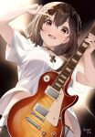  1girl :d brown_eyes brown_hair commentary_request electric_guitar guitar hair_between_eyes hair_ornament hairclip hands_up highres hirasawa_yui holding holding_instrument instrument k-on! midriff_peek nagare_(flow) open_mouth shirt short_hair smile solo teeth upper_teeth_only v white_shirt 