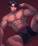  1boy abs absurdres bara barra.kun.7 black_hair bulge closed_mouth erection erection_under_clothes genshin_impact grey_hair highres large_pectorals male_focus multicolored_hair muscular muscular_male navel nipples pectorals short_hair solo two-tone_hair wriothesley_(genshin_impact) 