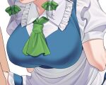  1girl apron ascot blue_dress breast_focus breasts collared_shirt commentary_request dress frilled_dress frilled_shirt_collar frills green_ascot green_ribbon grey_hair guumin hair_ribbon head_out_of_frame izayoi_sakuya puffy_short_sleeves puffy_sleeves ribbon shirt short_sleeves solo touhou white_apron white_shirt 
