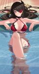  1girl bare_shoulders beidou_(genshin_impact) bikini black_choker black_hair breasts choker commentary criss-cross_halter earrings eyepatch genshin_impact grin haerge half_updo halterneck highres jewelry large_breasts long_hair looking_at_viewer partially_submerged red_bikini red_eyes sitting smile solo swimsuit water 