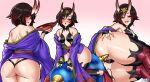  1girl ass bare_shoulders black_hair breasts cosplay cup fangs fate/grand_order fate_(series) gradient_hair grey_eyes headpiece holding holding_cup horns japanese_clothes kimono looking_at_viewer medium_breasts multicolored_hair oni oni_horns purple_kimono red_hair revealing_clothes ruby_rose rwby sakazuki short_hair shuten_douji_(fate) shuten_douji_(fate)_(cosplay) skin-covered_horns tabletknight 