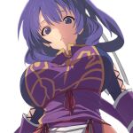  1girl ahonoko ao_no_kiseki blue_hair breasts china_dress chinese_clothes double-parted_bangs dress eiyuu_densetsu hair_between_eyes large_breasts looking_at_viewer purple_eyes rixia_mao sidelocks simple_background solo upper_body white_background zero_no_kiseki 