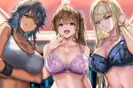  3girls black_hair black_scrunchie blonde_hair blue_bra blue_eyes blush bra breasts brown_eyes brown_hair cleavage collarbone commentary_request grey_sports_bra hair_ornament hair_scrunchie hand_up highres jewelry large_breasts long_hair looking_at_viewer multiple_girls navel necklace open_mouth original parted_lips purple_bra purple_eyes ran&#039;ou_(tamago_no_kimi) scrunchie side_ponytail smile sports_bra teeth underwear upper_body 