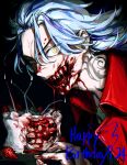  1boy :d birthday_cake black_background blood blood_from_mouth blood_on_face blue_hair cake candle dated dragon_tattoo food hand_up happy_birthday highres jacket long_hair looking_at_viewer male_focus neck_tattoo open_mouth red_jacket sharp_teeth shiba_taiju simple_background slit_pupils smile solo sonyo738 tattoo teeth tokyo_revengers tsurime uneven_eyes upper_body v-shaped_eyebrows yellow_eyes 