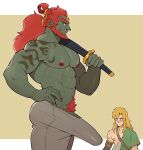  2boys abs absurdres bara beard blonde_hair blush bulge colored_skin erection erection_under_clothes facial_hair feet_out_of_frame ganondorf green_skin highres large_pectorals large_penis link long_hair looking_at_bulge looking_away male_focus male_pubic_hair mature_male multiple_boys muscular muscular_male muto20002 navel navel_hair nipples orange_hair over_shoulder pectorals penis penis_peek pointy_ears pubic_hair short_hair solo_focus standing sword sword_over_shoulder the_legend_of_zelda the_legend_of_zelda:_tears_of_the_kingdom thick_eyebrows veins veiny_penis weapon weapon_over_shoulder yaoi 