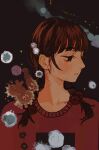  1girl bacteria black_background braid brown_hair commentary hair_bobbles hair_ornament io_(onisarashi) looking_to_the_side medium_hair original parted_lips profile red_sweater sidelocks simple_background solo sweater symbol-only_commentary twin_braids upper_body 