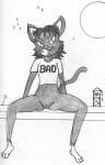  anthro biped black_body black_fur bottomless city city_background cityscape clothed clothing domestic_cat felid feline felis female fur genitals hair mammal monochrome moon night outside partially_clothed piercing pussy reddragonkan rooftop sitting solo teenager traditional_media_(artwork) white_hair young 