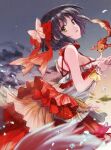  1girl bare_shoulders black_hair blurry blurry_foreground breasts cloud cloudy_sky dress fish frilled_dress frills goldfish hair_ribbon highres idolmaster idolmaster_cinderella_girls idolmaster_cinderella_girls_starlight_stage large_breasts layered_sleeves looking_at_viewer looking_back oishi_hamachi open_mouth red_dress red_ribbon ribbon short_hair sideboob sky smile solo sunrise takafuji_kako water_drop yellow_eyes 