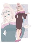  1girl alternate_costume bare_shoulders blonde_hair blush breasts brown_dress danganronpa_(series) danganronpa_v3:_killing_harmony detached_sleeves dress eyewear_on_head hair_between_eyes hair_ornament hand_up highres iruma_miu large_breasts long_hair long_sleeves multicolored_background multiple_views pink_dress pink_footwear ponytail sunglasses udon_shika zoom_layer 