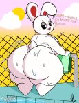  ambiguous_gender anthro bedroom_eyes big_butt black_eyes butt chikn_nuggit domoatdark english_text exclamation_point hi_res huge_butt huge_hips huge_thighs iscream_(chikn_nuggit) lagomorph leporid looking_back mammal narrowed_eyes nonbinary_(lore) nude open_mouth poolside rabbit seductive solo text thick_thighs towel wet wide_hips 