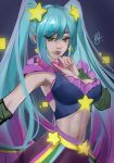  1girl arcade_sona armpits belt blue_hair breasts cleavage detached_sleeves green_hair hair_between_eyes hair_ornament hand_up highres large_breasts league_of_legends long_hair navel signature smile solo sona_(league_of_legends) star_(symbol) star_hair_ornament stomach twintails upper_body wu_wai_ma_qi_duo 