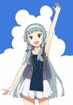  1girl blunt_bangs cloud cropped_legs dress grey_hair headband highres kannagi long_hair looking_at_viewer nagi_(kannagi) open_mouth pleated_skirt purple_eyes purple_shirt shirt sidelocks skirt sky takenashi_eri twintails waving white_dress white_headband 