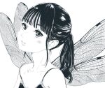  1girl araki_rakka black_hair blunt_bangs dragonfly_wings expressionless grey_eyes greyscale highres long_hair looking_at_viewer monochrome original ponytail simple_background solo white_background 