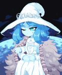  1girl blue_eyes blue_hair blue_skin blush cloak closed_mouth colored_skin cracked_skin dress elden_ring extra_arms fur_cloak hat jewelry minimilieu night one_eye_closed pixel_art portrait ranni_the_witch ring short_hair solo wedding_ring white_dress white_headwear witch_hat 