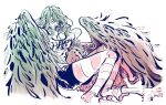  1girl bird_girl bird_legs breasts closed_eyes closed_mouth clothes_writing glasses green_hair harpy large_breasts long_hair monet_(one_piece) monster_girl one_piece pantyhose partially_colored shijima_(genkou) sitting striped striped_pantyhose tank_top winged_arms wings 