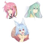  10mo 3girls ahoge ajirogasa animal_ears argyle argyle_cutout blue_hair closed_mouth clothing_cutout creator_connection fox_ears fudou_yukimitsu_(tenka_hyakken) green_eyes green_hair hair_ornament haori hat highres himetsuru_ichimonji_(tenka_hyakken) hood hood_up japanese_clothes long_hair multiple_girls murasame_sukehiro_(tenka_hyakken) open_mouth orange_scarf pink_eyes pink_hair red_eyes scarf sidelocks smile tenka_hyakken upper_body 