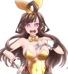  ahoge alternate_costume animal_ears black_pantyhose bow bowtie breasts brown_hair detached_collar double_bun fishnet_pantyhose fishnets gloves gold_bowtie gold_leotard hair_bun hand_on_own_chest kantai_collection kongou_(kancolle) large_breasts leotard long_hair pantyhose playboy_bunny purple_eyes rabbit_ears simple_background strapless strapless_leotard udukikosuke white_background white_gloves wrist_cuffs 
