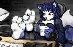  3_toes anthro barefoot canid canine chair coffee_mug cycadaacolyte feet feet_on_desk female foot_focus fox furniture holding_object holding_phone krystal mammal nintendo on_chair paws phone sitting sitting_on_chair solo star_fox starfox_assault toes 