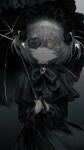  1girl absurdres black_background black_bow black_bowtie black_dress black_headwear black_theme bonnet bow bowtie brooch center_frills cowboy_shot dress eyepatch frilled_dress frills gothic_lolita grey_eyes grey_hair hair_between_eyes highres holding holding_umbrella jewelry lolita_fashion long_sleeves looking_at_viewer nia_(x_x02) one_eye_covered original own_hands_together short_hair sidelocks simple_background slit_pupils solo straight-on umbrella 