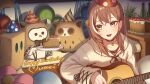  1girl ahoge balloon berry black_choker bottle brown_eyes brown_hair brown_hoodie cake cake_slice choker crossed_bangs earrings erezu food food-themed_earrings friend_(nanashi_mumei) guitar happy_birthday hat holding holding_instrument hololive hololive_english hood hoodie hooman_(nanashi_mumei) hootsie_(nanashi_mumei) instrument jewelry long_hair multicolored_hair nanashi_mumei nanashi_mumei_(3rd_costume) necklace official_alternate_costume oversized_clothes party_hat pillow plate red_shirt shirt sleeves_past_wrists smile strawberry_shortcake streaked_hair sweater teeth virtual_youtuber white_sweater wide_sleeves 