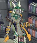  anthro blue_eyes book bookshelf breasts clothed clothing collar female furniture grey_body grey_skin headdress hi_res inside looking_at_viewer mineru navel neutral_expression nintendo ring_(jewelry) rsbr small_breasts solo standing tears_of_the_kingdom the_legend_of_zelda zonai 