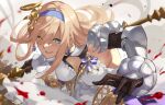  1girl armor black_gloves blonde_hair blood blurry blurry_foreground blush breasts commentary_request dress earrings enyo_(granblue_fantasy) gloves granblue_fantasy green_eyes hairband holding holding_polearm holding_weapon jewelry long_hair looking_at_viewer medium_breasts nos open_mouth polearm shoulder_armor sleeveless sleeveless_dress smile solo spear upper_body vambraces weapon white_dre 