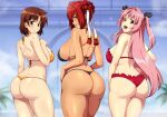  3girls ass bare_shoulders bikini black_bikini blurry blurry_background breasts brown_eyes brown_hair commentary commission cowboy_shot dark-skinned_female dark_skin dimples_of_venus english_commentary facial_mark forehead_mark from_behind girls_bravo hair_intakes hair_tubes hand_on_own_hip kojima_kirie large_breasts lindaroze long_hair looking_back maharu_sena_kanaka miharu_sena_kanaka multiple_girls open_mouth orange_bikini paid_reward_available palm_leaf parted_bangs parted_lips pink_hair profile red_bikini red_eyes red_hair short_hair shoulder_blades siblings sisters smile steam string_bikini swimsuit teeth thighs thong_bikini twitter_username two_side_up upper_teeth_only very_long_hair watermark web_address wedgie 