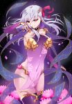  1girl covered_navel earrings fate/grand_order fate_(series) flower grey_hair hair_ribbon highres jewelry kama_(fate) kama_(second_ascension)_(fate) long_hair lotus petals red_eyes ribbon ring smile thighhighs toyosu 