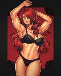  1girl abs absurdres arms_up black_border black_bra black_panties border bra brown_eyes curly_hair highres kirijou_mitsuru lace-trimmed_bra lace-trimmed_panties lace_trim long_hair muscular muscular_female navel panties persona persona_3 pink_lips red_background shin_megami_tensei toned underwear vj99 