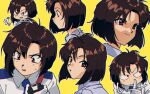  1girl brown_hair gloves looking_at_viewer looking_back looking_to_the_side looking_up multiple_views nzeneee parted_bangs police police_uniform policewoman profile red_eyes short_hair smile taiho_shichauzo tsujimoto_natsumi uniform upper_body white_gloves yellow_background 