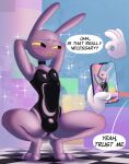  anthro clothing english_text hare hezitween hi_res jax_(the_amazing_digital_circus) lagomorph latex leporid male mammal rubber rubber_clothing rubber_suit solo text the_amazing_digital_circus 