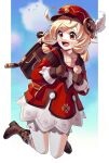  1girl :d backpack bag blonde_hair boots brown_footwear brown_gloves cabbie_hat clover_print coat full_body genshin_impact gloves hat hat_feather highres jumping klee_(genshin_impact) long_hair movcat pointy_ears red_coat red_eyes red_headwear shorts shorts_under_skirt skirt smile solo white_shorts white_skirt 