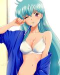  1girl bikini blue_hair blue_shirt blush character_request closed_mouth commentary_request copyright_request fingernails highres long_hair navel nori_(norimakigumo) one_eye_closed open_clothes open_shirt purple_eyes shirt swimsuit toothbrush toothbrush_in_mouth white_bikini 