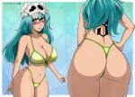  1girl absurdres arrancar artist_name ass bikini bleach blue_background breasts brown_eyes cleavage front_and_back green_hair hand_on_own_hip highres large_breasts long_hair mask mistowing nelliel_tu_odelschwanck number_tattoo patterned_background skull skull_mask skull_on_head swimsuit tattoo thong_bikini 